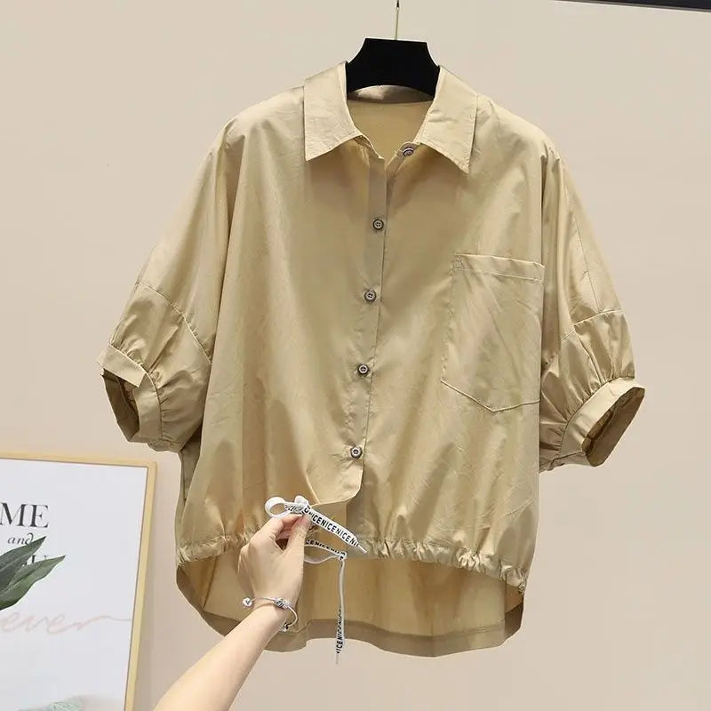 Summer New Bat Sleeve Pockets Shirt Women Loose Casual Short Sleeve Blouse Solid Lace Up Tops Half Shirts Lady High Street Trend