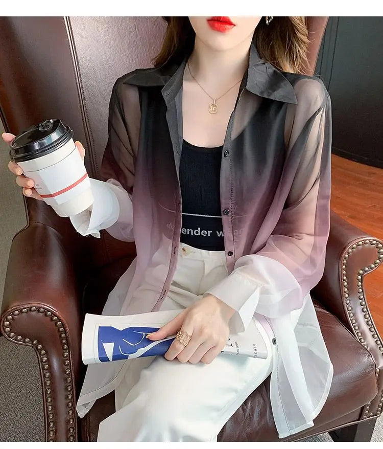 Shirts Women Gradient Loose Leisure Summer Sunscreen Lapel Thin Soft Designed Breathable Korean Fashion Clothing Office Lady New