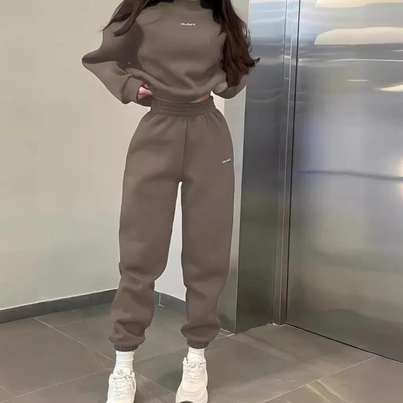 Autumn Hoodie Two Piece Sets Casual Long Sleeve Sweatshirts and Trousers Fleece Warm Two Piece Sets Lady Suit Women's Tracksuit