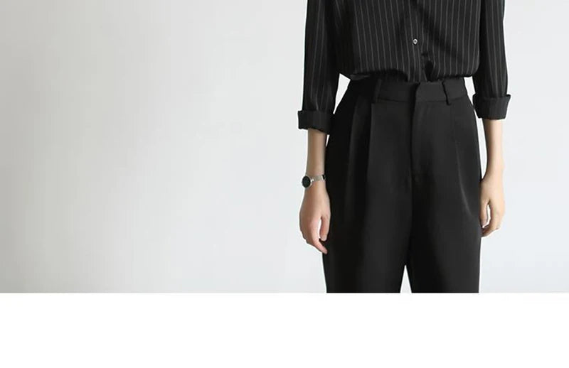 MEXZT Vintage Black Striped Shirts Women Office Long Sleeve Loose Casual Blouses Lady Korean Fashion Elegant Chic All Match Tops