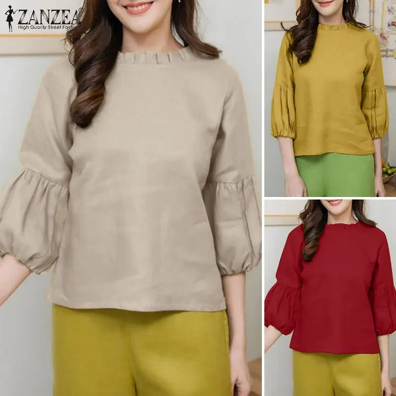 ZANZEA Summer Elegant 3/4 Puff Sleeve Blouse Fashion Women Shirt Female Tunic Tops Casual Solid OL Work Blusas Oversize Chemise