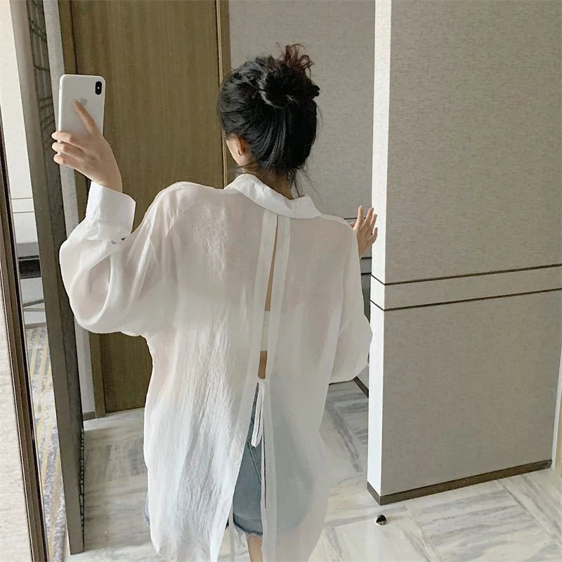 Summer Sun Protection Shirt Women Elegant Chic Loose Lace Up Blouses Korean Fashion Harajuku Long Sleeve Thin Tops Ladies New