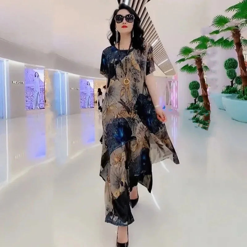 5XL Summer Sets Large Silk Wide Leg Trouser Set Women's Spring 2023 New Print Silk Fashion Slim Two Piece Set Female Elegant