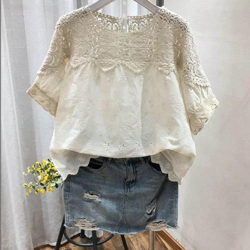 Embroidery Hollow Women Shirts Fashion Loose Short Sleeve Shirt Summer Comfortable Casual Female Tops O-Neck Ladies Clothes