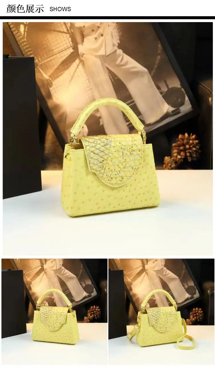 Fashion Luxury Leather Women's Handbags V Letter Small Shoulder Crossbody Bag Niche Ostrich Print Portable Messenger Shell Bags