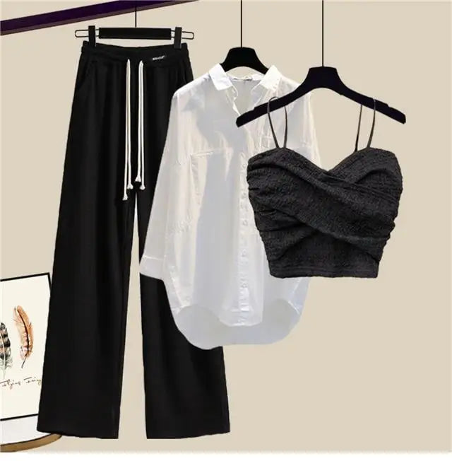 2023 Summer New Wide Free Casual Wide Leg Trousers White Shirt Wave Bra Vest Three Piece Elegant Women's Pants Set Tracksuit