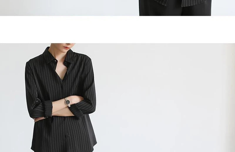 MEXZT Vintage Black Striped Shirts Women Office Long Sleeve Loose Casual Blouses Lady Korean Fashion Elegant Chic All Match Tops