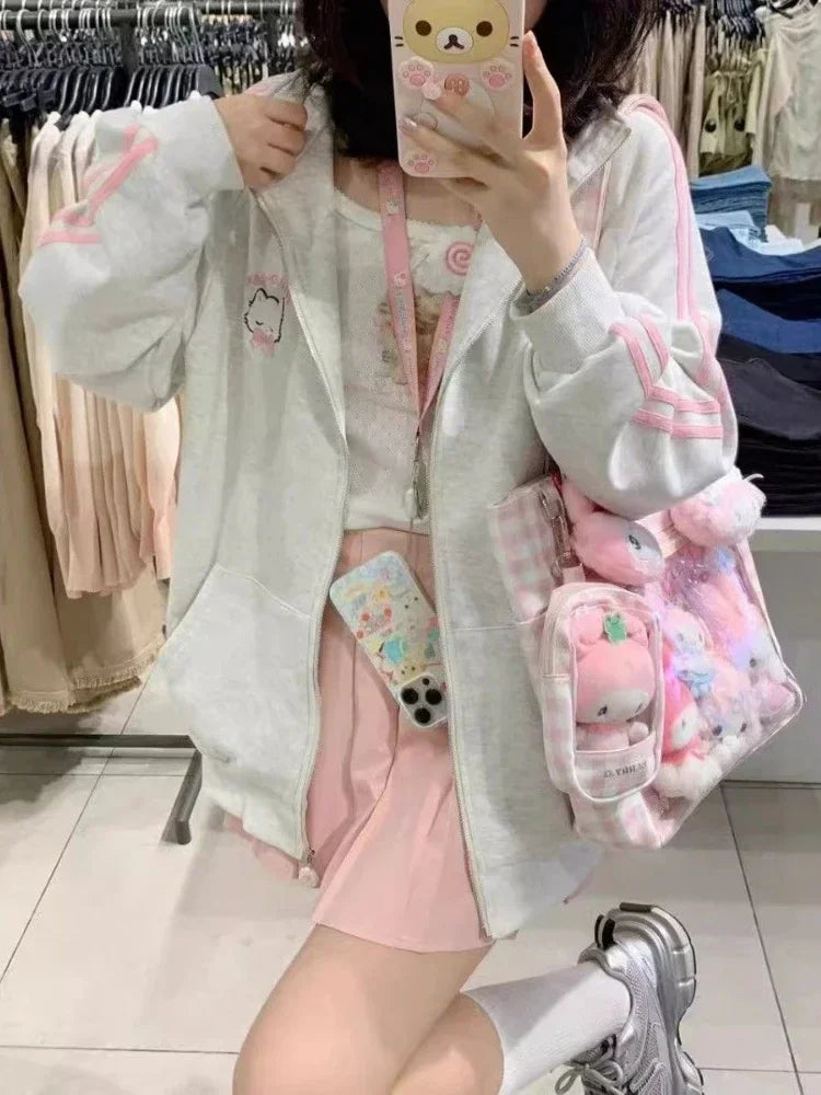 HOUZHOU Japanese Fashion Kawaii Zipper Hoodie Women Harajuku Cute Pink Cat Embroidery Oversized Hooded Sweatshirt Winter 2023