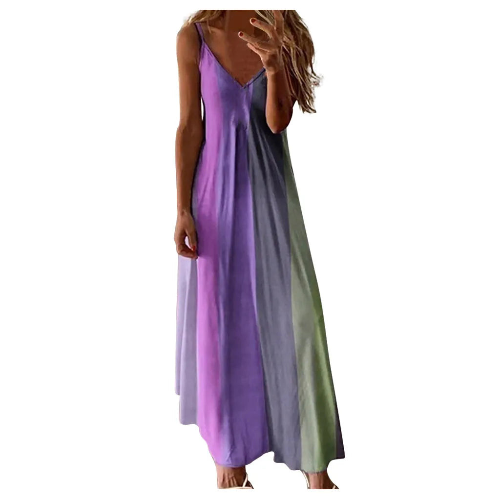 Women's Summer Casual Loose Strap Dress Sexy Beach Boho Maxi Dress Large Size Long Dresses Female Robe Femme