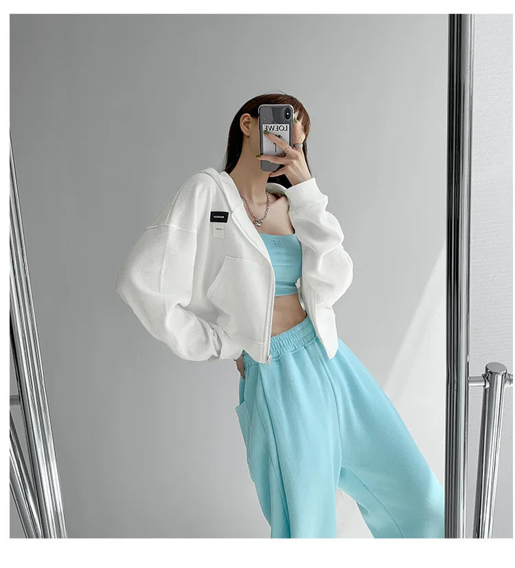 Harajuku Women Sweatshirts Korean Fashion Sportswear Female Zip Up Hoodies Vintage Streetwear Basic Casual Cropped Top Autumn