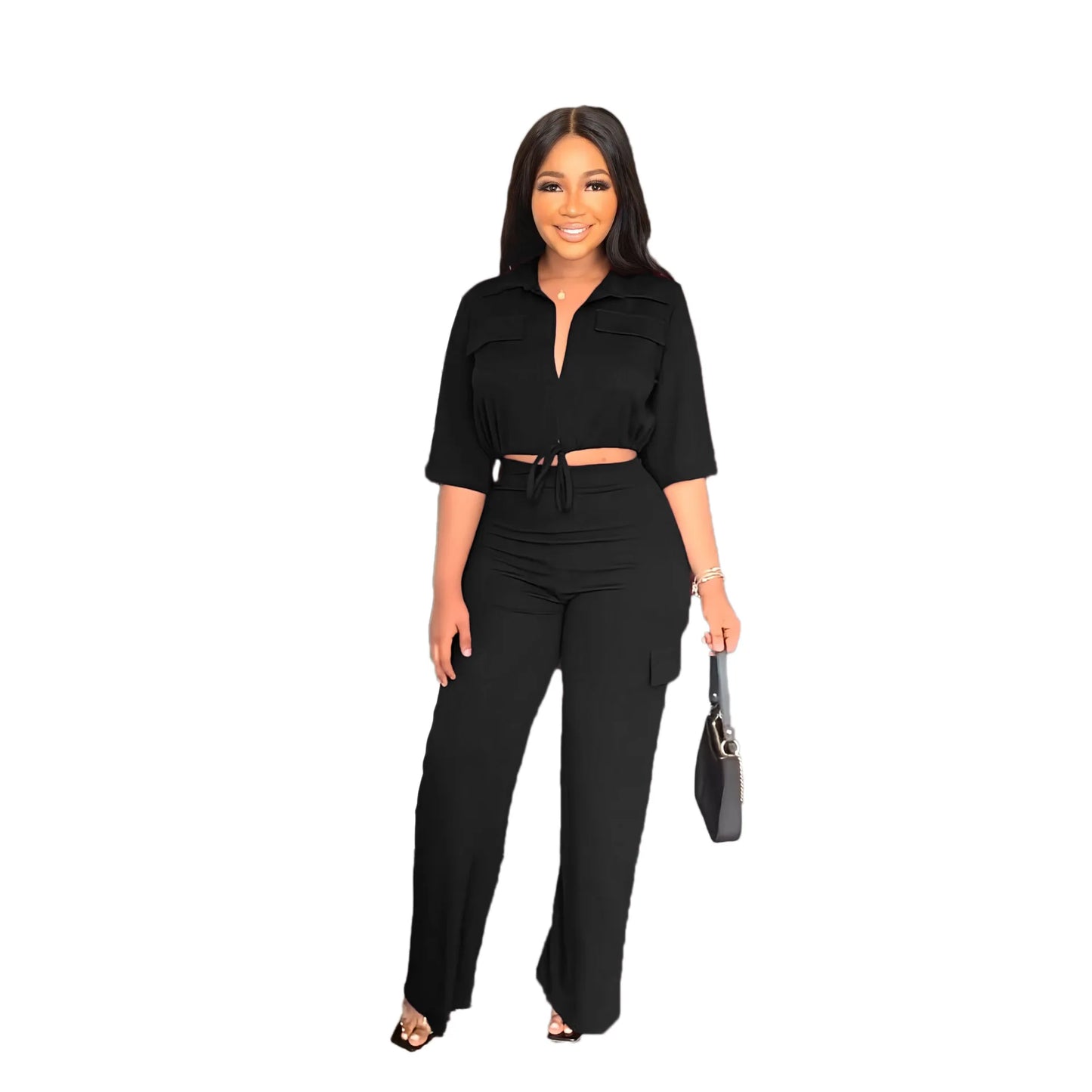 Elegant Women's Set Casual Drawstring Half Sleeve Short Blouse High Waist Straight Wide Leg Pant Suit Tracksuit Two Piece Outfit