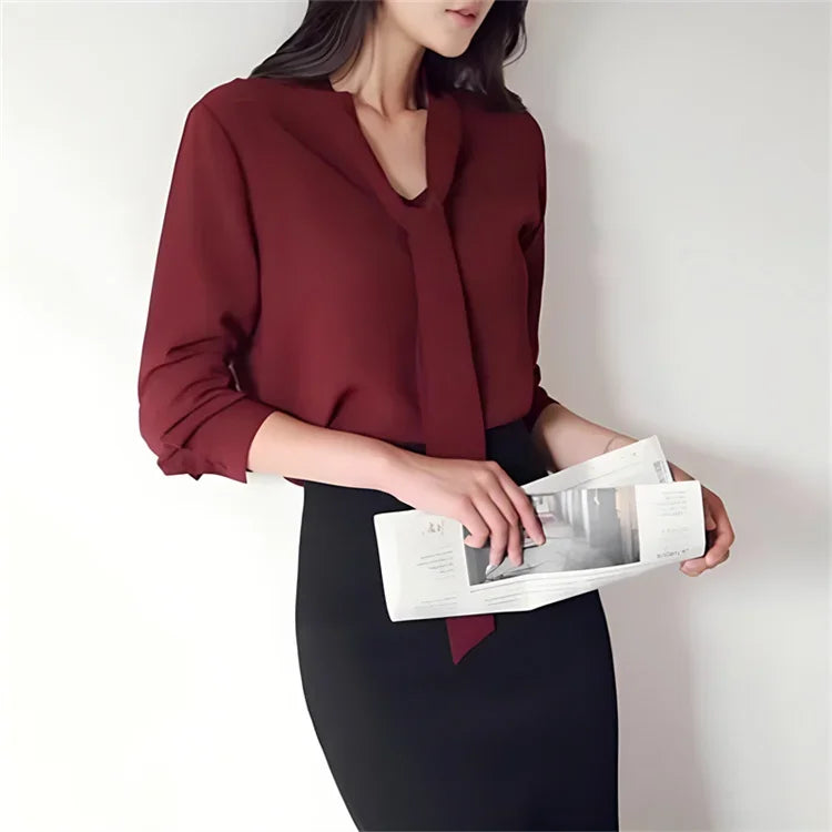 Pullover Blouse Summer Shirts for Women Korean Fashion Office Blouses blusas Autumn Long Sleeve Tie Bow Chiffon Formal Shirts
