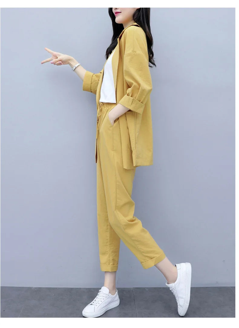 Spring and Autumn New Fashion Plus Size Women's Three Piece Suit Cotton Blended Single Button Coat Nine Point Pants Office