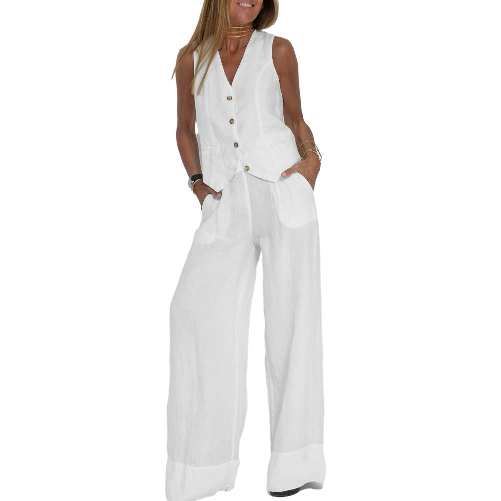 2 Piece Suit for Women Autumn Winter Suit Set Stylish Women's Cotton Linen Suit Sleeveless Vest Wide Leg Pants Set for Office
