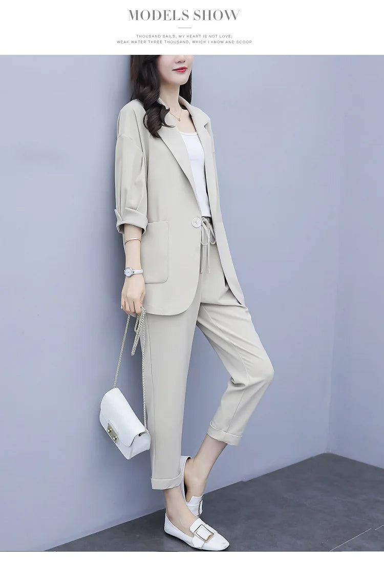 Spring and Autumn New Fashion Plus Size Women's Three Piece Suit Cotton Blended Single Button Coat Nine Point Pants Office