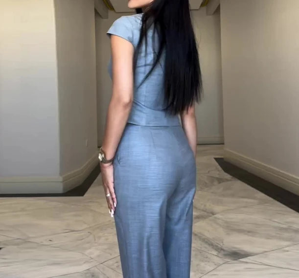 Women's Sets Trend 2024 Advanced Solid Color Temperament Sleeveless V-Neck Tops Casual Pants Set