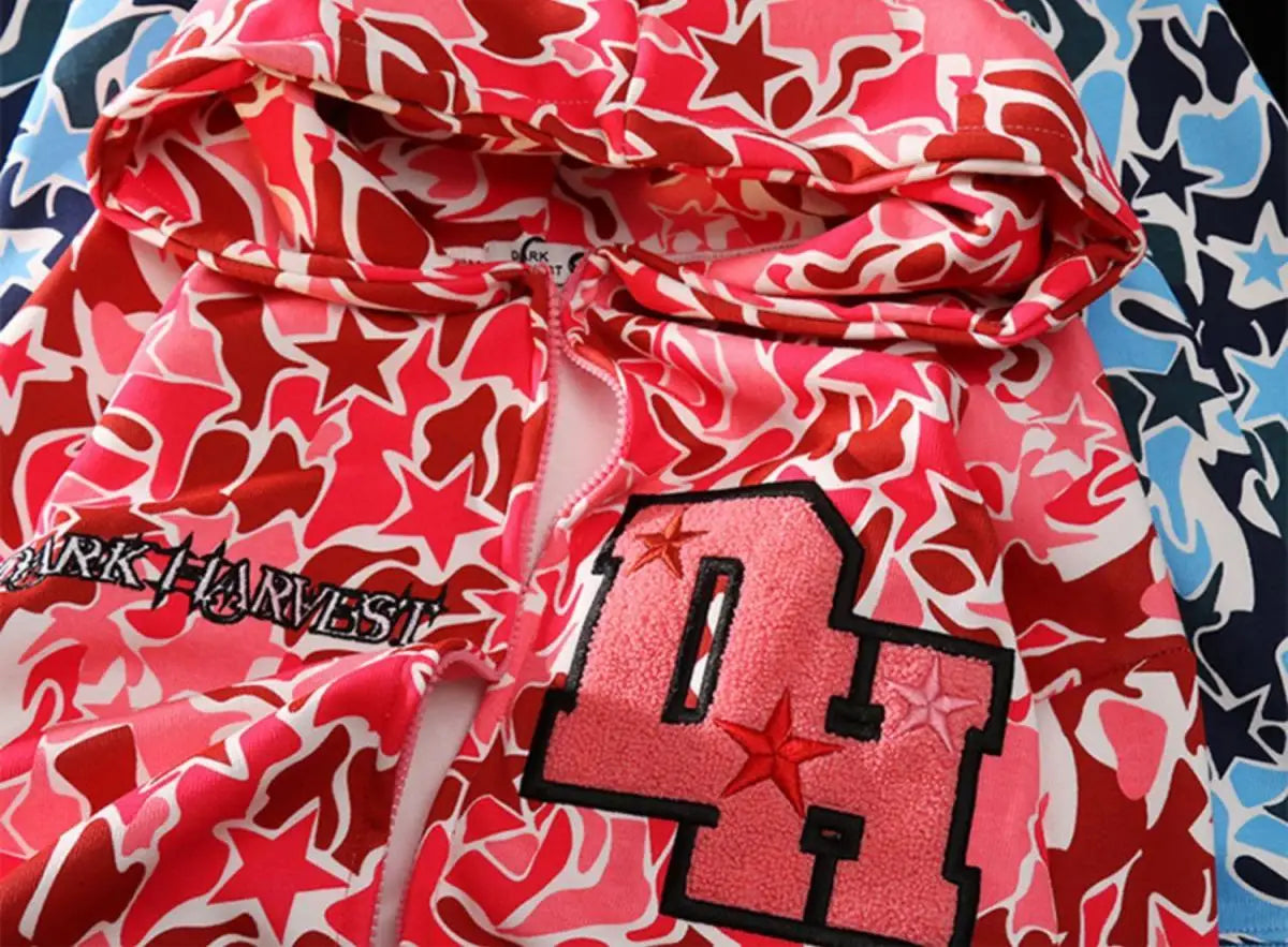 Harajuku Demon Embroidery Hoodies Oversized Camouflage Sweatshirt Gothic Goth Zip Up Hoodie Y2k Clothes Couples Streetwear Women