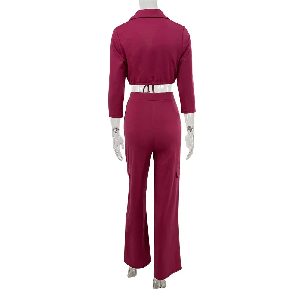 Elegant Women's Set Casual Drawstring Half Sleeve Short Blouse High Waist Straight Wide Leg Pant Suit Tracksuit Two Piece Outfit