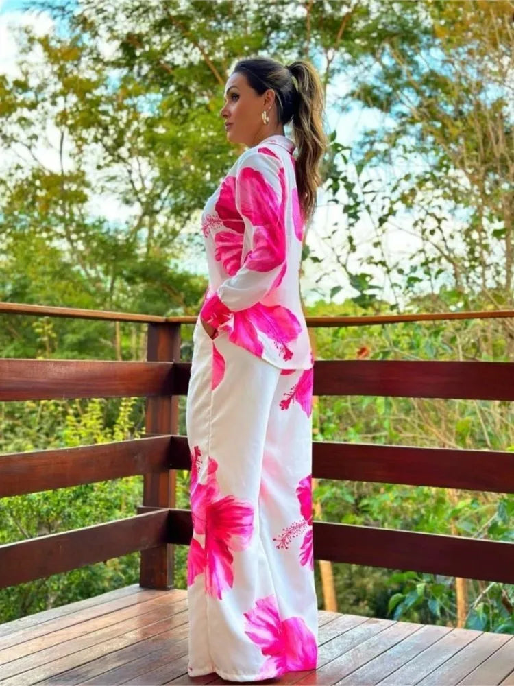 2023 Women's Casual Daily Shirt Set Floral Fashion Printed Shirt Spring Autumn Wide Leg Pants Women's Office Two-piece Set