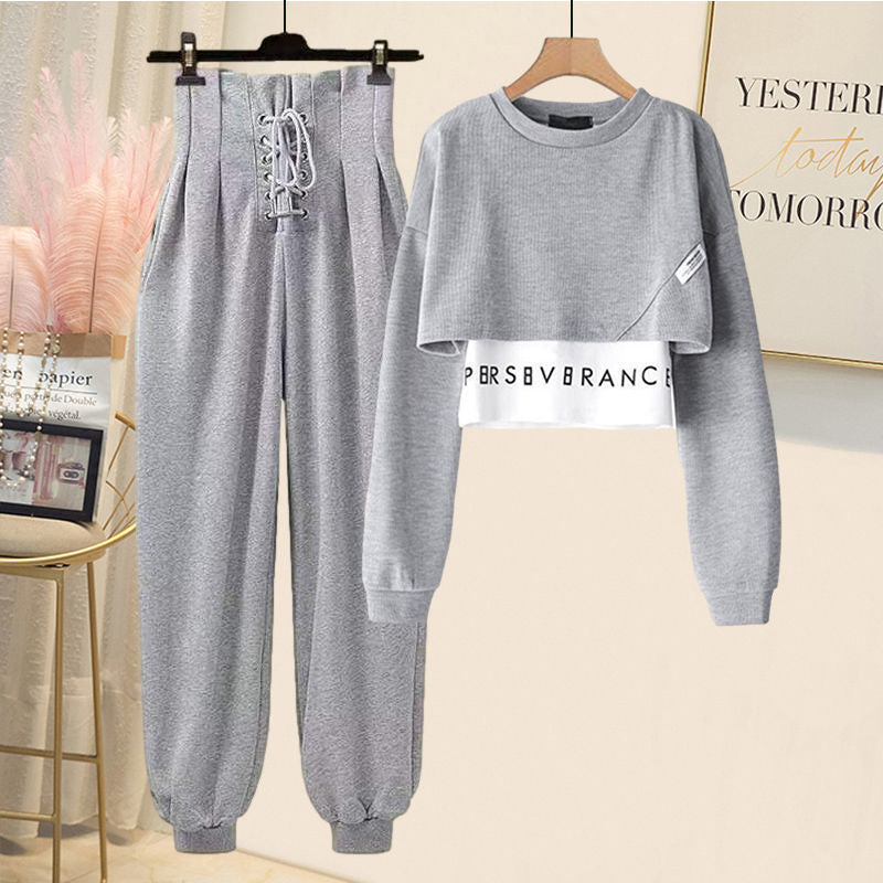Korean Popular Autumn New Long Sleeve T-shirt High Waist Lace Casual Harun Trousers Two Piece Elegant Women's Pants Set
