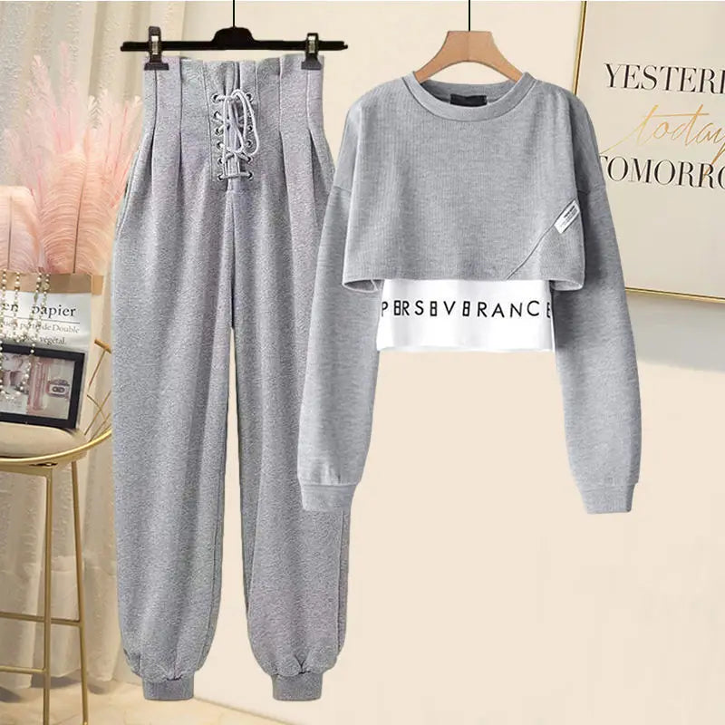 Korean Popular Autumn New Long Sleeve T-shirt High Waist Lace Casual Harun Trousers Two Piece Elegant Women's Pants Set