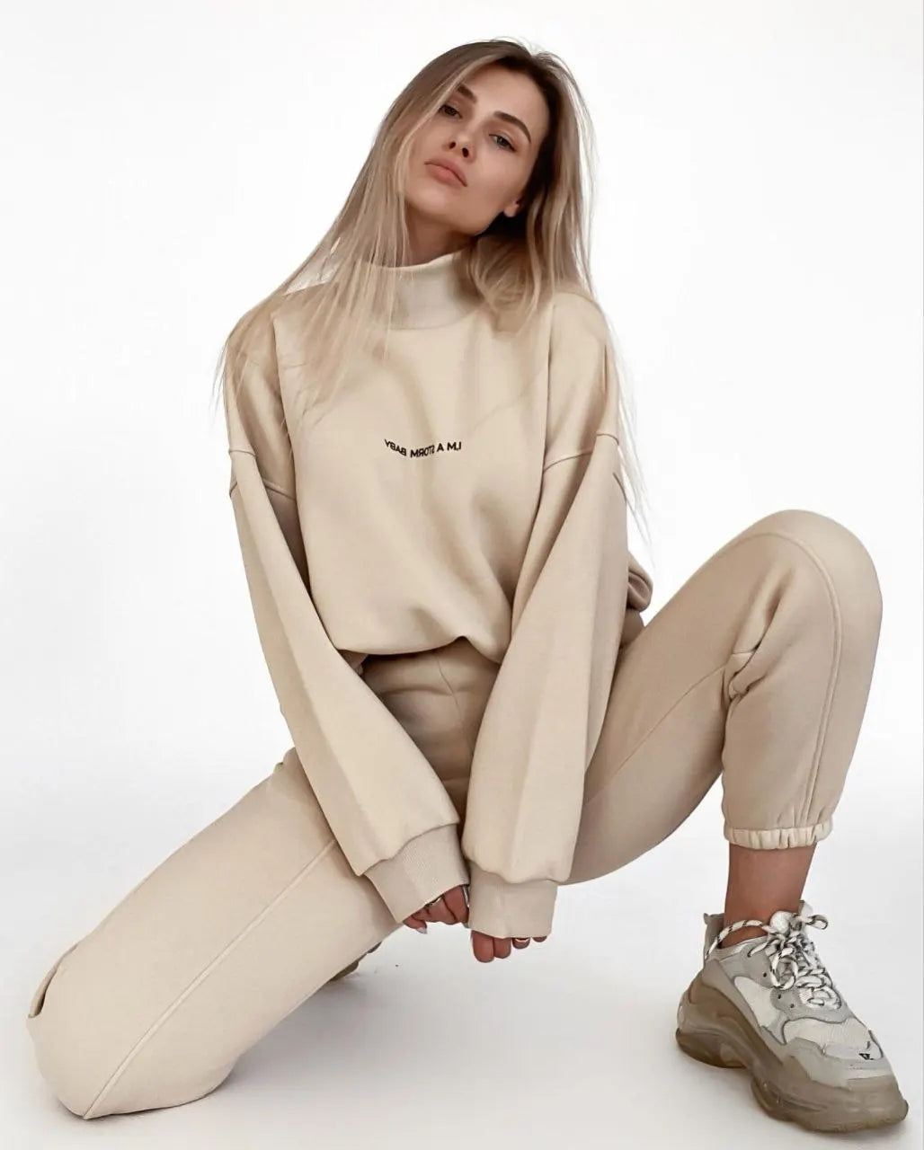 2023 Spring Autumn New Printed Loose Sports Suit Women Turtleneck Long Sleeve Sweatshirt Drawstring High Waist Pencil Pants Suit