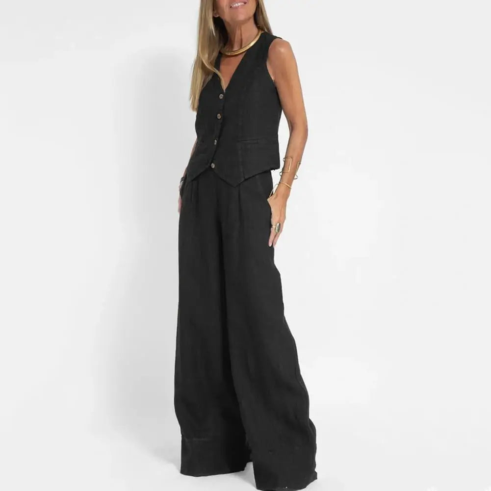 2 Piece Suit for Women Autumn Winter Suit Set Stylish Women's Cotton Linen Suit Sleeveless Vest Wide Leg Pants Set for Office