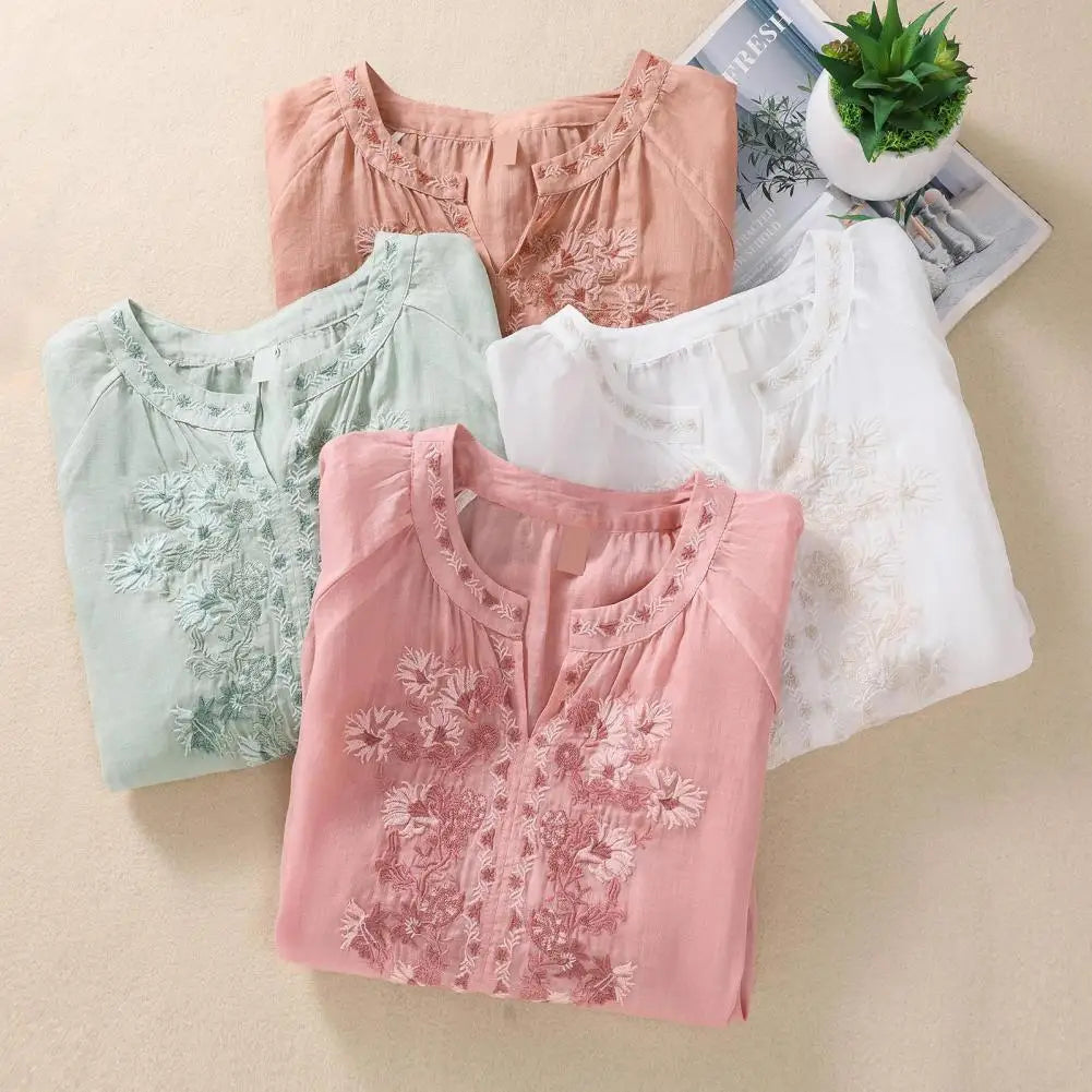 Cotton Linen Flower Embroidery Shirt Women Three Quarter Sleeves V Neck Casual Blouse Loose Solid Color Mother Blouse Women Top
