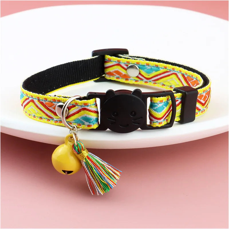Adjustable cat collar with tassels and bells embellished pet collar colorful plaid jacquard pattern for cat and dog collars