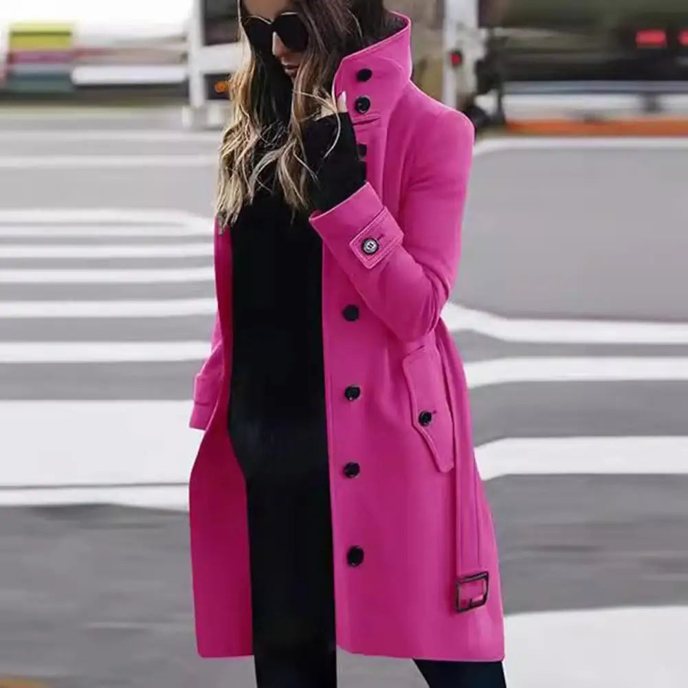 Women Woolen Coat Loose Fit Wool Jacket Stylish Plus Size Woolen Coat with High Collar Belt for Women Long Sleeve for Dating