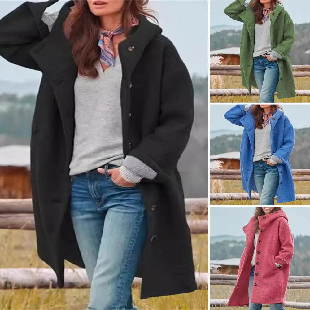 Mid-length Women Jacket Woolen Fabric Jacket Stylish Women's Hooded Overcoat with Pockets Warm Windproof Mid for Fall for Daily