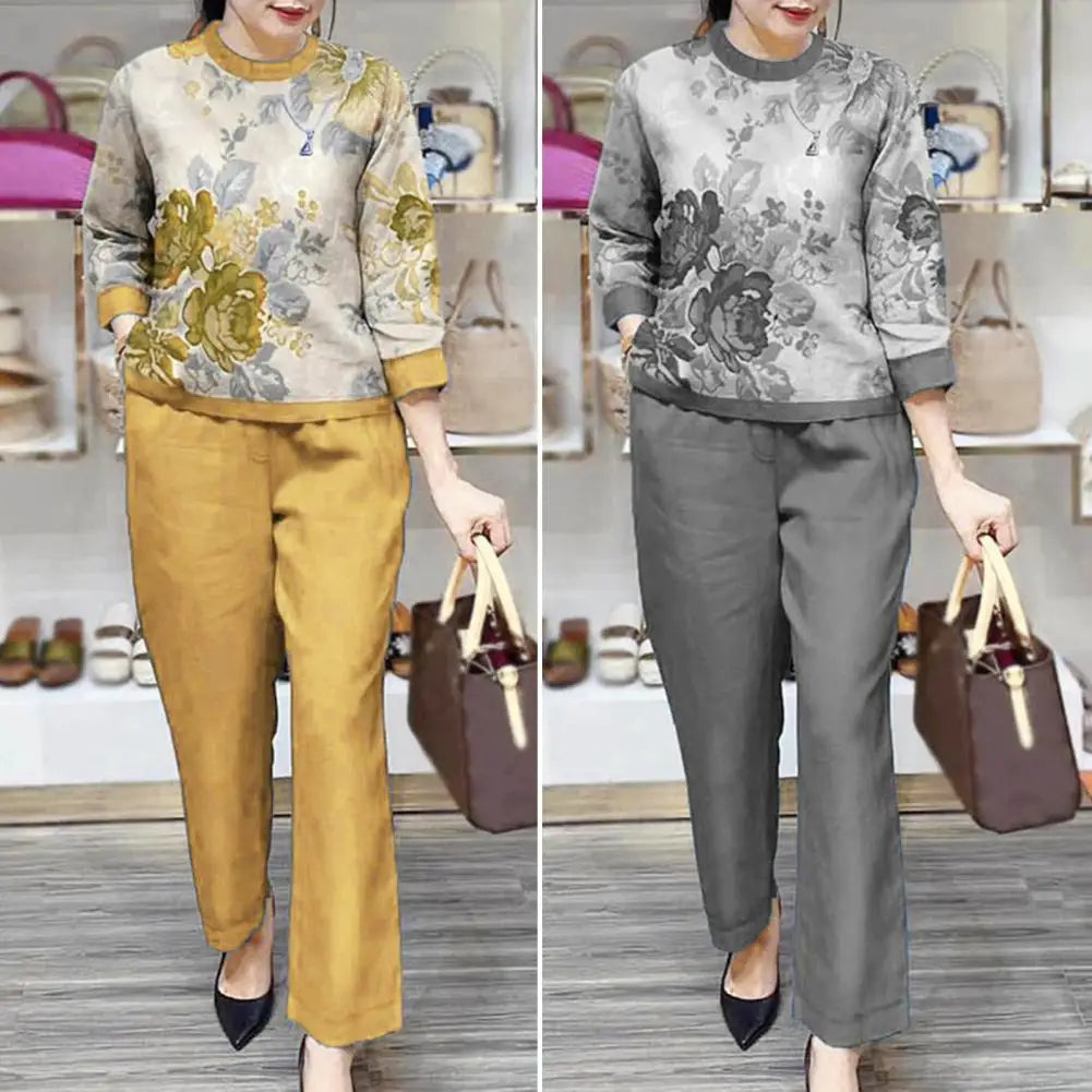 Loose Fit Women Casual Set Floral Print Women's T-shirt Pants Set with Wide Legs Pockets Stylish Spring/fall Suit for Female
