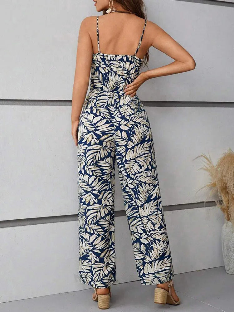 Fashion Casual Women's Waistline V-neck Multi -colored Skinny Shoulder With Holiday Leaf Print Loose Shorts Pants Jumpsuit