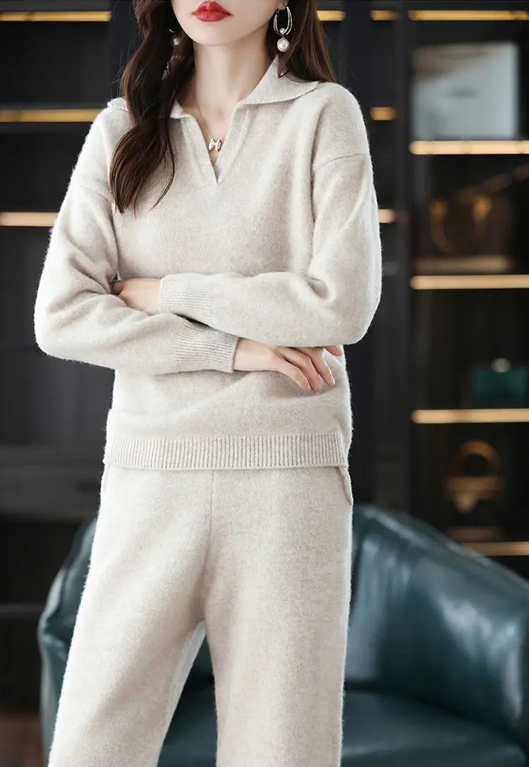 Knitted Suit Women's 2024 New Fashion Autumn Winter Long-sleeved Lapel Sweater+Wide leg pants Female Loose Casual Two-piece Sets