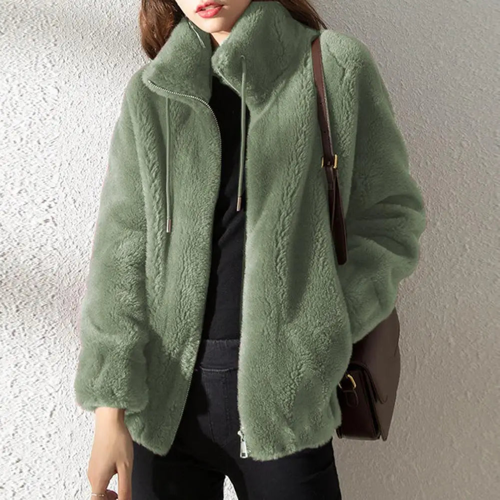 Chic Women Winter Jacket Thermal Winter Coat Zipper Placket Pure Color Women Winter Coat Drawstring