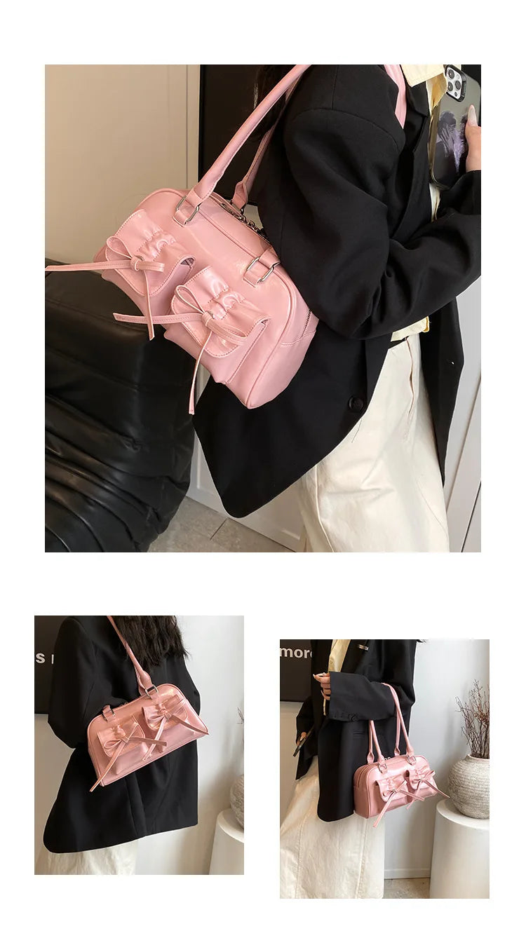 Xiuya Silver Pleated Womens Shoulder Bag Elegant Gentle Korean Fashion Leather Handbag Bow Sweet New Simple Ladies Boston Bag