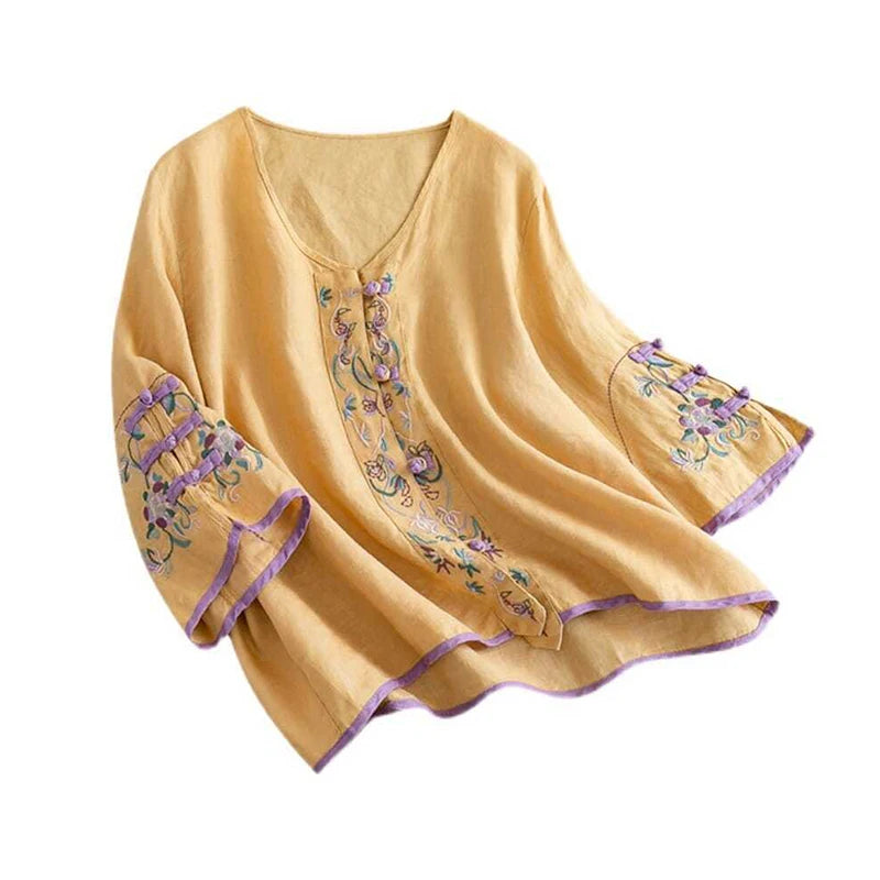 Summer Ethnic Style Cotton Linen Embroidery Vintage Frog Shirt Female Half Sleeve Loose Casual Fashion All-match Cardigan Blouse