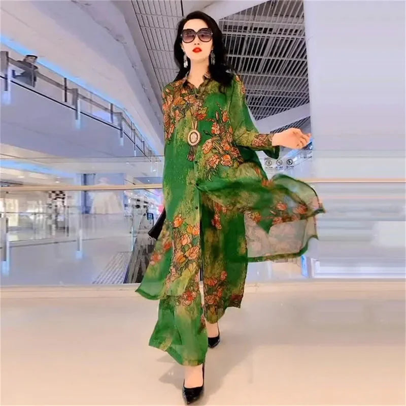 5XL Summer Sets Large Silk Wide Leg Trouser Set Women's Spring 2023 New Print Silk Fashion Slim Two Piece Set Female Elegant