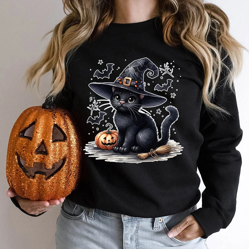 Funny Halloween Black Cat Pumpkin Bat Print Sweatshirt For Women Creative Autumn And Winter O Neck Hoodless Pullover Ladies Tops