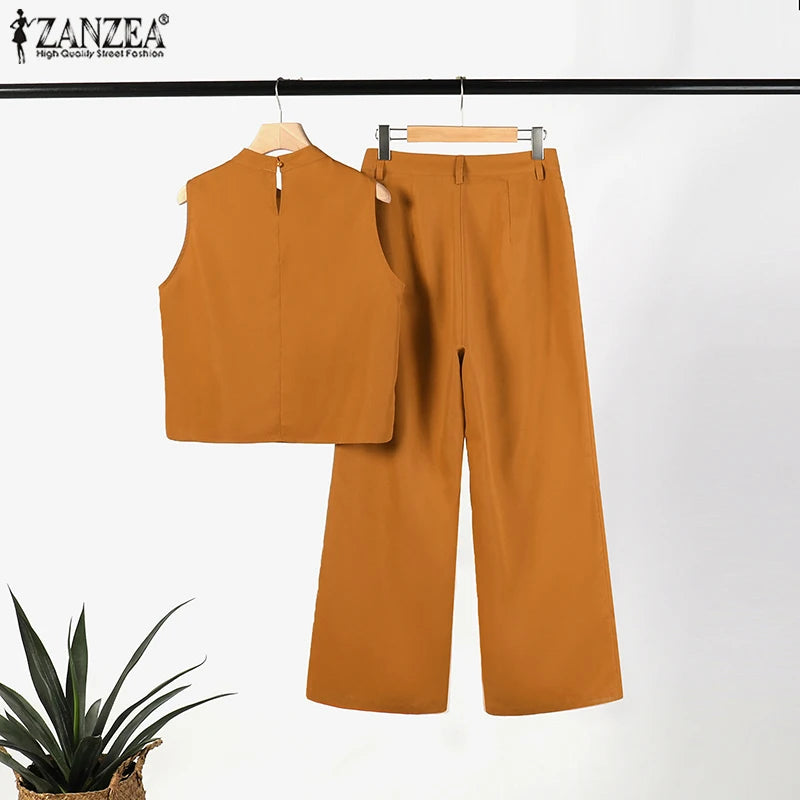 ZANZEA Elegant Women Matching Sets Summer Tracksuits Causal Pant Sets Sleeveless Blouse & Trousers Suit Fashion Outfits Oversize