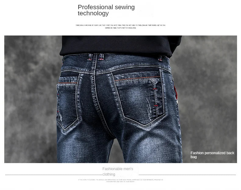 Men's Denim Jeans Classic Stretch Slim Straight-leg Trousers Casual All-match Pants Male Blue Black