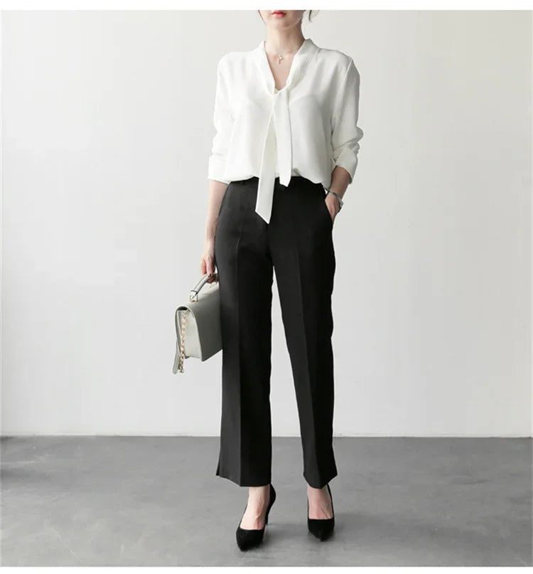 Pullover Blouse Summer Shirts for Women Korean Fashion Office Blouses blusas Autumn Long Sleeve Tie Bow Chiffon Formal Shirts