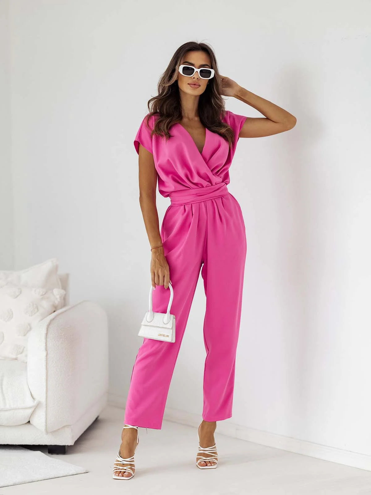 Summer Short Sleeve Suit High Waist Jumpsuit Fashion Women's Fitted Jumpsuit V Neck Tie Pencil Casual Pants Jumpsuit
