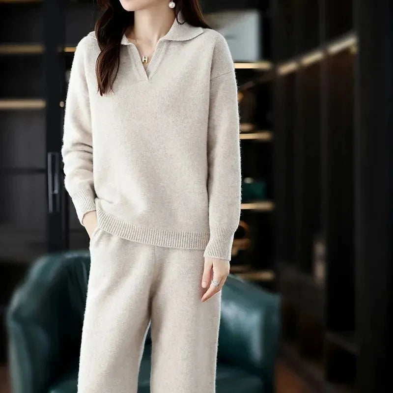 Knitted Suit Women's 2024 New Fashion Autumn Winter Long-sleeved Lapel Sweater+Wide leg pants Female Loose Casual Two-piece Sets