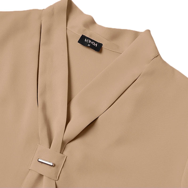 VONDA 2024 Summer Women Tops Fashion Casual Short Sleeve Chiffon Blouse Tie Shirts Loose Solid Color Tunic Blusas Femininas