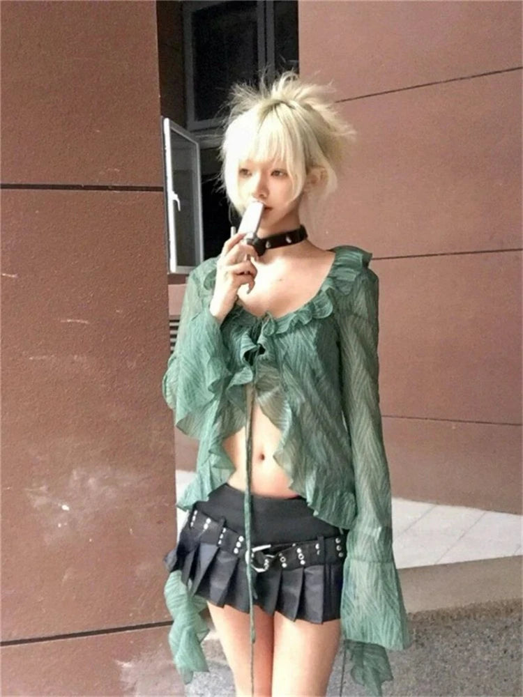 Japanese Y2k Lace Shirt Vintage 2000s Style Ruffles Blouses Grunge Aesthetics Irregular Green Shirts Retro 90s Sexy Cardigan