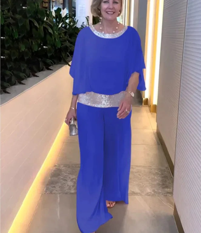 Fashion Sequin Splicing Chiffon Shirt Women's Bat Short Sleeved Suit Summer New Wide Leg Pants Elegant Female Office 2 Piece Set