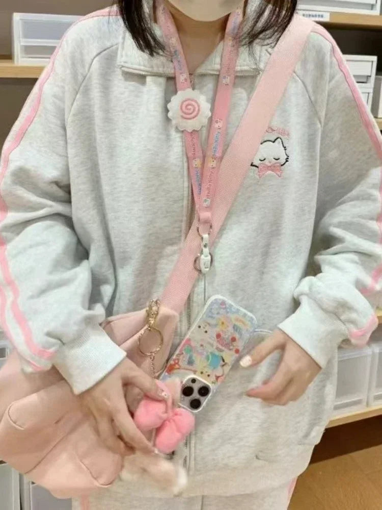 HOUZHOU Japanese Fashion Kawaii Zipper Hoodie Women Harajuku Cute Pink Cat Embroidery Oversized Hooded Sweatshirt Winter 2023