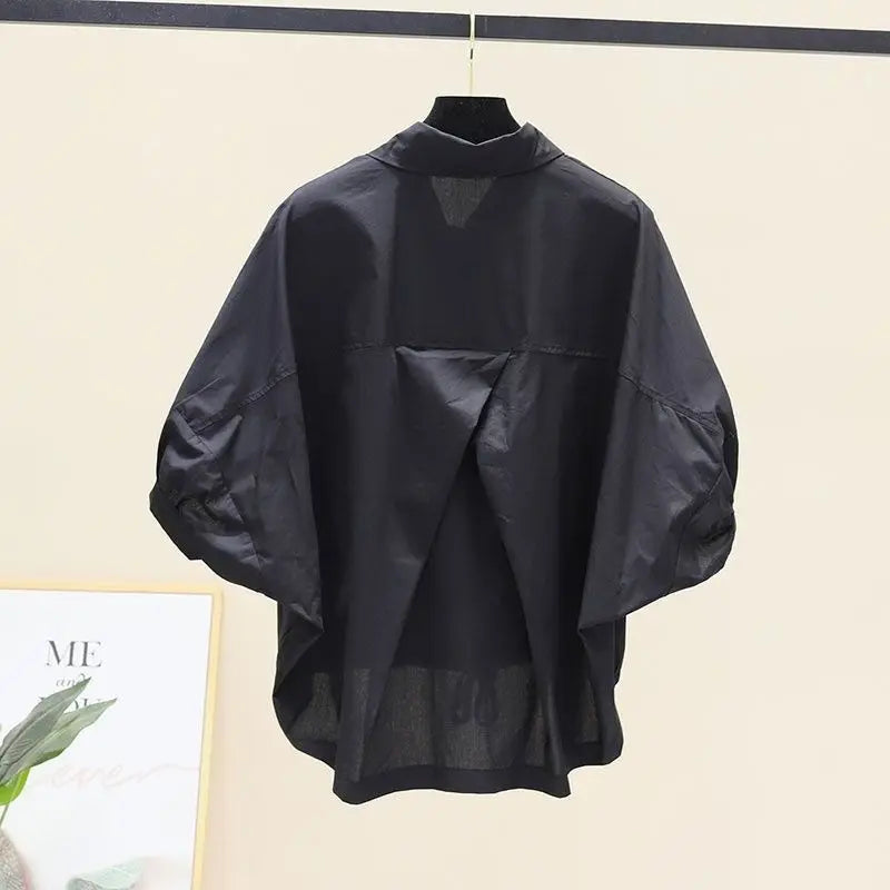 Summer New Bat Sleeve Pockets Shirt Women Loose Casual Short Sleeve Blouse Solid Lace Up Tops Half Shirts Lady High Street Trend