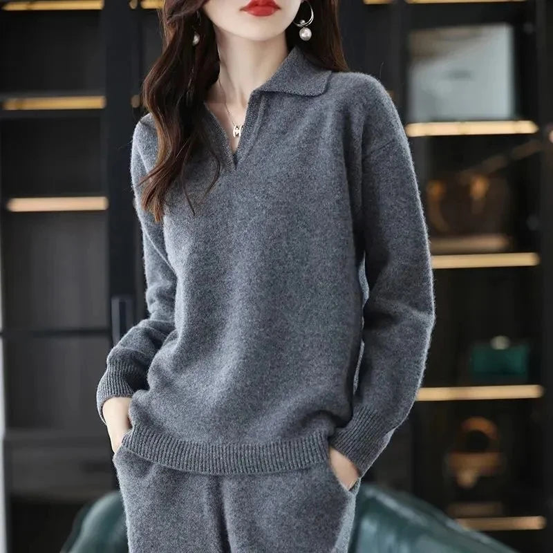Knitted Suit Women's 2024 New Fashion Autumn Winter Long-sleeved Lapel Sweater+Wide leg pants Female Loose Casual Two-piece Sets